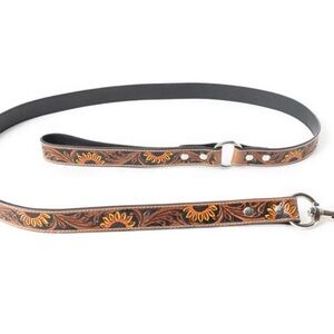 Myra Bag Clairmonte Dog Leash In Light Brown Tooled Leather Sunflower Embossed